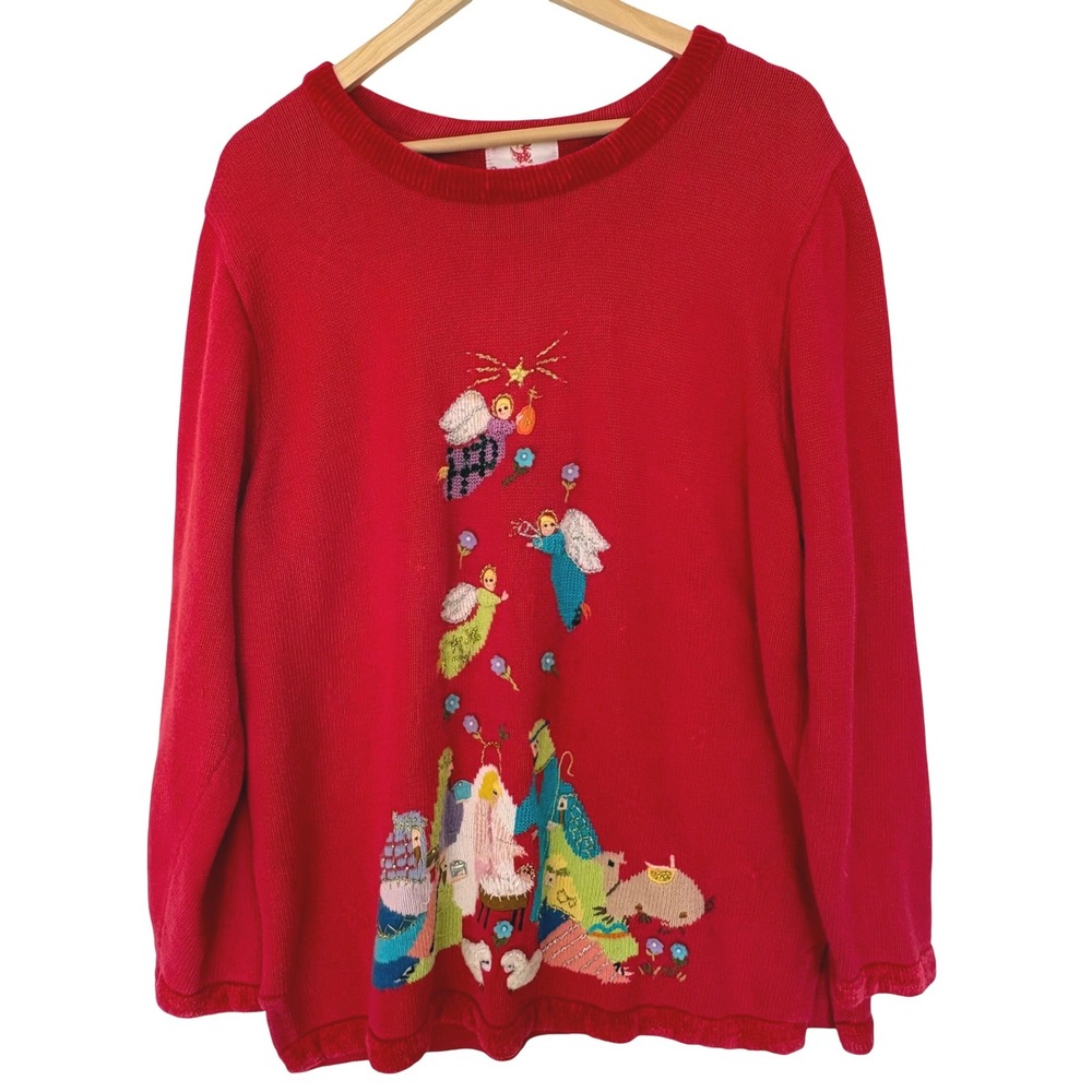 Vtg Quacker Factory Nativity Sweater 2X Red Ramie Grandmacore Kitsch Altered